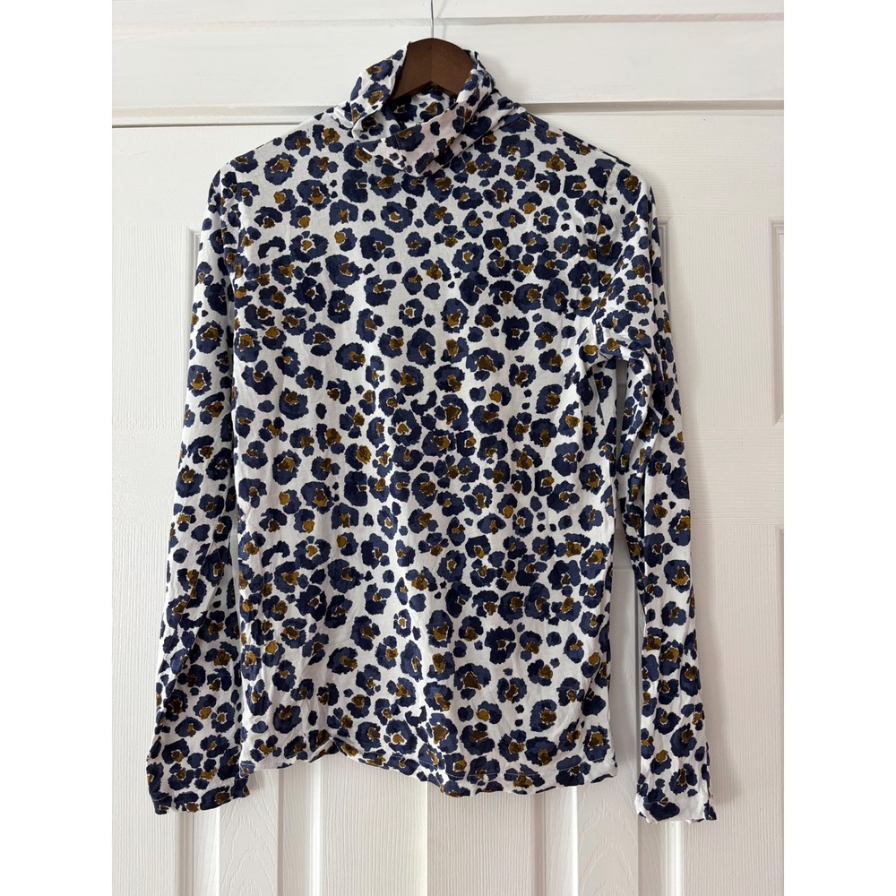 J.Crew Womens Navy Blue Ochre Leopard Floral Cotton Turtleneck Top Size L